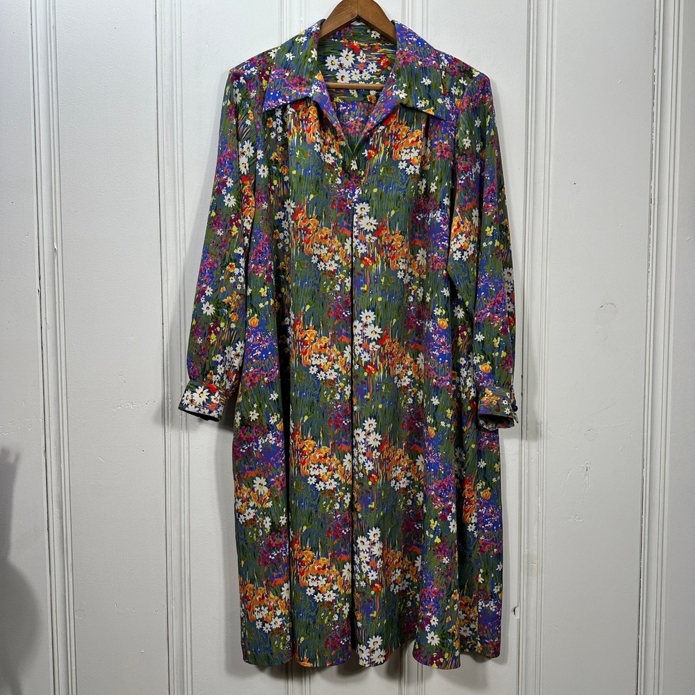 Vintage Floral Midi Dress Women XL Blue Green Garden Print Excellent Long Sleeve